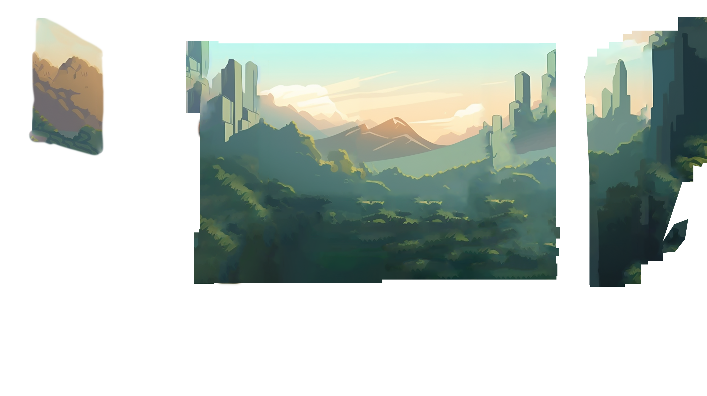 Bakgrunnsbilde av himmel, fjellrekke og jungel utenfor hotelrommet