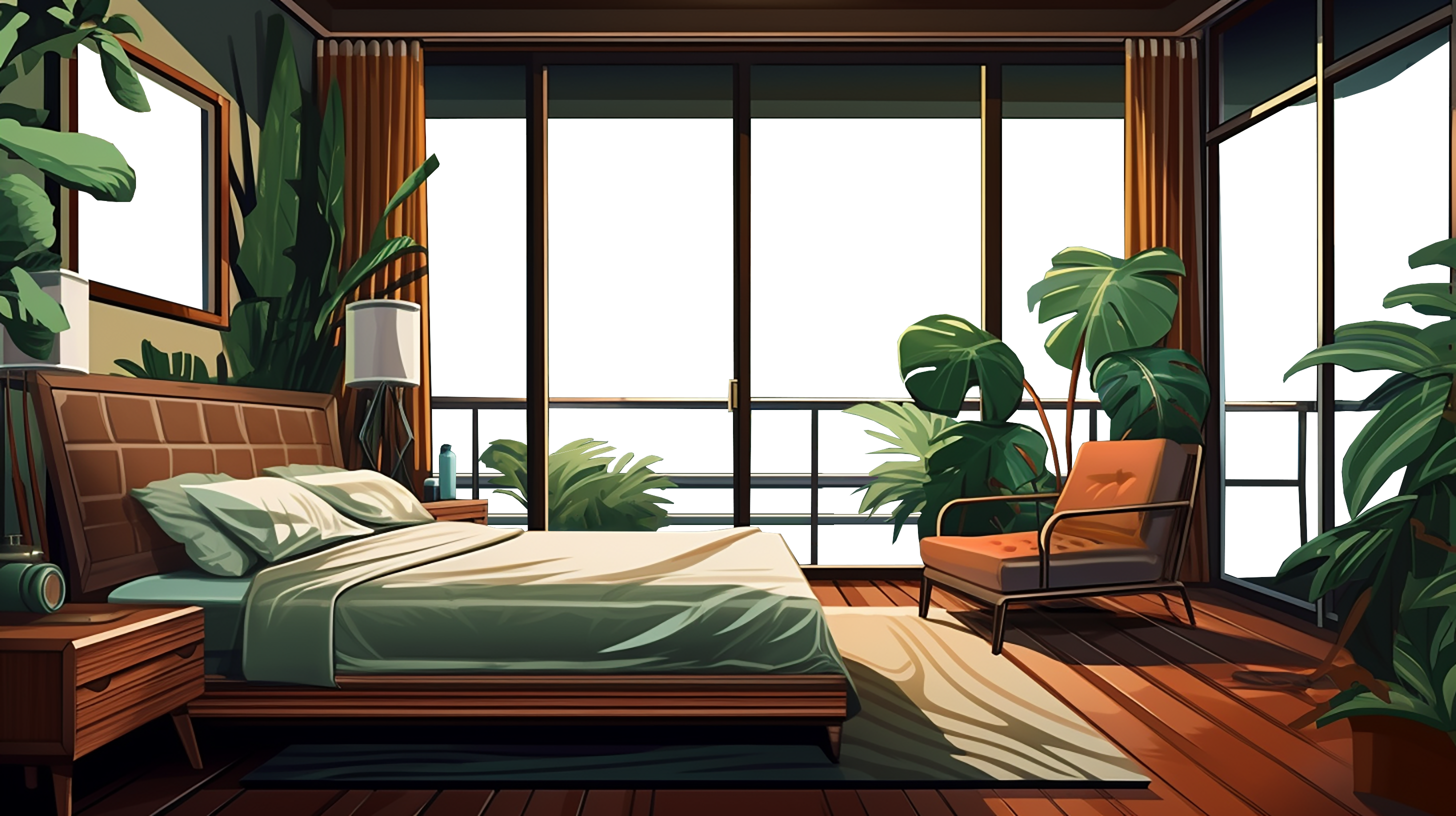 Bakgrunnsbilde av et hotellrom med utklipte vindu for å vise naturen i bildet bak